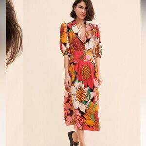 Farm Rio x Anthropologie Sunflower Midi Dress Sz XS Red